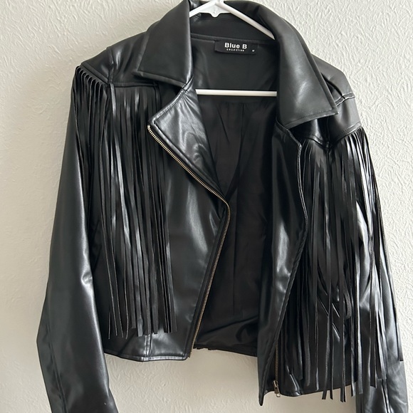 Three Bird Nest Blue B size medium faux leather black tassel side zip jacket 🧥 - Picture 2 of 5